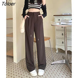 Black Coffee Suit Pants Women Autumn Office Lady Loose Trousers Elastic Waist Pockets Buttons Apricot Gray Pants