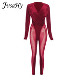 Autumn Solid Velet Patchwork Jumpsuits for Women Sexy V-Neck Full Sleeves Mesh Long Pants Female Street Party