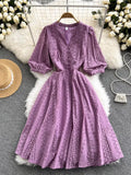 Autumn Women Green/Orange/White Hollow Out Midi Dress Elegant V-Neck Puff Short Sleeve High Waist Party Robe Female Vestido