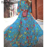 Spring Elegant Floral Print Maxi Dress Women Casual 3/4 Sleeves O-neck Slim Boho Party Long Dresses Robe Femme
