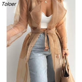 Women Fashion See Through Outdoor Tops Lace Up Spring Solid Sheer Mesh Long Sleeve Buttoned Coat With Belt Elegant