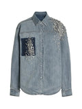 Women's Denim Shirt Patchwork Single Pocket Panelled Loose Long Sleeve Diamonds Blouse 2024 Summer New Fashion 29L2946-Outfit