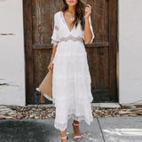 2022 Summer Women Maxi Cake Dress Short Sleeve Vintage Sexy White Lace Vocation Tunic Long Beach