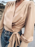 Casual Lantern Sleeve Blouses 2022 Fashion V Neck Short Wrap Shirts Celmia Elegant Bandage Pleated Street Tops