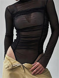 Sexy Women Long Sleeve Ruched Bodysuits Solid Mesh See-Through High Neck Slim Rompers Spring Fall Jumpsuits Clubwear-Outfit