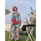 Autumn Winter New Women 2 PCS Sets Korean Sweet Chic Turn-Down Collar Print Shirts and Pleated Chiffon