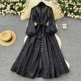 Standing Collar Nails Drilled Full Of Star Buckle Lantern Sleeves Tied With Waist Temperament Dress Famous Party Dress