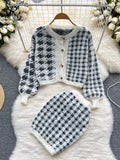 Fashion Plaid Knitted Two Pieces Suits Long Sleeve Short Sweater Cardigan+Mini Bodycon Dress Streetwear Autumn
