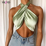 Silky Satin Halter Backless Crop Top For Women 2021 Summer Sleeveless Summer Fashion Outfit Party Criss Cross Wrap