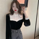 Black Blouse Women Clothes Lace Velvet Tops Fashion Korean Vintage Shirt Blusas Mujer De Moda Elegant Stand Neck