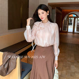 Xixi 2025 Autumn White Standard Thousand Gold Wind Bow Tie With Bottom Shirt Women's Long-Sleeved Top Tide