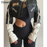 Korean Street Contrast Black White Print Leather Jackets Motorcycle O Neck PU Coats Zip Up Moto & Biker Women Tops