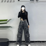 High Street Multi-Pocket Black Work Clothes Jeans Women 2025 New High-Waisted Loose Broad-Legged