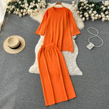 Women Summer Knitted Sets Fashion O Neck Split Top+ Wide Legs Long Skirt Sets Ladies High Street Loose Two Piece