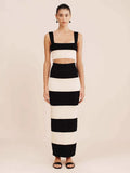East New Women's Black And White Knitted Striped Long Suit Vest With Sweater