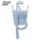 Y2k Streetwear Crop Tops Asymmetrical Ruched Backless Tank Top Baby Blue Camisole Summer Clothes for Womans