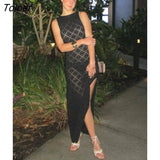 Knitted Maxi Dress for Women 2023 Sexy Hollow Out Sleeveless Bodycon Elegant Party Dresses High Split Beach Long