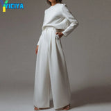 Solid 2 Piece Set Office Lady Spring O Neck Long Sleeve Tops +Long High Waist Pants Suit Tracksuit Sportswear Suit For