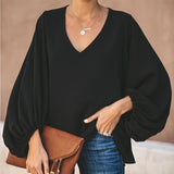 Lantern Sleeve V Neck Solid Women Blouse Lace Patchwork Oversize Female Blouses 2021 Spring Casual Ladies Top