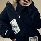 Womens Street Brown Graffiti Print Zip Vintage Tops Hoodie Sweatshirts Hoodies Kawaii Blouse Grunge Y2k Coats Autumn