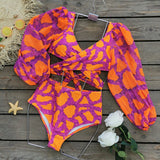 High-Waisted Split Long-Sleeved Swimsuit Women 2025 New Sexy Dew Back Cross-Tie With Deep V