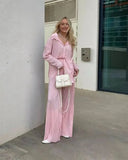 Women Two Piece Pleated Pants Suits Casual Chic Solid Color Long Sleeve Shirts Straight Leg Trousers Set Matching Sets New-Outfit