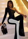 Elegant Black Beaded Patchwork One Shoulder Long Sleeve