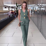 Women's Temperament Elegant Solid Color V-Neck Sleeveless Vest High-Rise Broad Leg Trousers