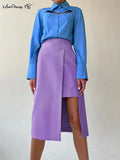 Elegant Patchwork Fashion Skirt 2022 Purple Chic Women High Waist Midi Skirts Slit Office Ladies Asymmetrical
