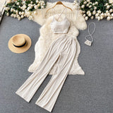 Knitted Pocket Women Sport Sets Backless Strapless Camisole+ Summer Elastic Waist Wide Leg Pants Fashion Two Piece