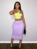 Summer Sexy Womens 2 Two Peice Sets Skirts Sleeveless Backless Crop Top Maxi Skirts Suits Soild Purple Matching Dress