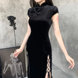 Women Retro Vintage Cheongsam Dresses Party Long Split Slim Bodycon Dress Black 2023 New Female Casual Fashion Velvet Vestidos-Outfit
