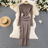 Autumn Senior Knitted Dress Women Long Sleeve Elastic Waist Split Sweater Dress Ladies Party Sexy Warm Long