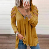 Spring Off Shoulder Hollow Out Striped Solid Women Blouse V-neck Zipper Patchwork Pleated Loose Female Blouses Casual