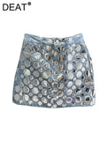 Women's Denim Skirt High Waist Circular Sequin Patchwork Wrap Hip Blue Short Miniskirts 2024 Summer New Fashion 29L4143-Outfit