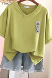 100% Cotton L-6XL T Shirt Plus Size Tshirt Short Sleeve Women Top Summer Japan Cartoon Print V Neck Oversized T