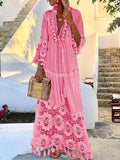 Sexy Boho Long Dress Women 2019 Fall Solid Hollow Out V-Neck Lace sexy Dresses bohemian style Plus Size Dress