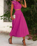 Women Ruffles Backless Crop Top & Maxi Skirt