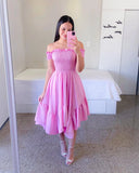 Fashion Off Shoulder Flower Dress Elegant Slash Neck Short Sleeve Flower Print Elastic Irregular Dress
