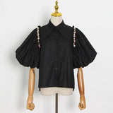 Elegant Solid Women's Shirt Lapel Puff Short Sleeve Patchwork Diamonds Loose Fashion Woman Blouses 2022