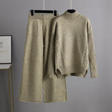 Winter Knitted Two Pieces Suits Turtleneck Loose Knit Top+ Wide Led Long Pants Women Thick Casual Sweater