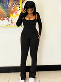 Toloer Women's Fall New Solid Color Simple Long Sleeve Shawl Jumpsuit Fashion Slim