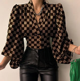 Elegant Leisure Button V-neck Lantern Sleeve Top