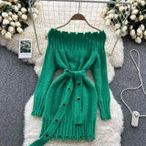 Off Shoulder Sexy Knitted Dress Long Sleeve Lace Up Midi Warm Dress Autumn Women Slash Party Sweater