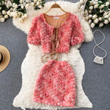 Fahion 3D Floral Women Sets 2022 Summer Short Sleeve Tie Mini Top+High Waist Short Skirt Streetwear Two Pieces
