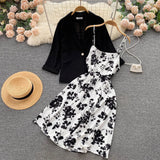 Autumn Vintage Women Two Piece Set Elegant Notched Collar Single Button Coat + Floral Spaghetti Strap Dress Suits 2Pcs