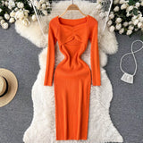 Hollow Out Sexy Knitted Dress Elegant Long Sleeve Slim Square Collar Fashion Ladies Party Bodycon Sweater Midi