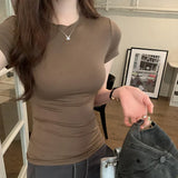 Pink Round-Neck Short-Sleeved T-Shirt A New Slim, Slim, Casual And Beautiful Blouse For Women In Spring And Summer-Outfit