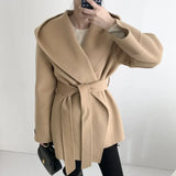 Aachoae Women Solid Color Wool Coats With Belt Long Sleeve Hoodie Pockets Coats Female Chic Elegant