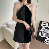 Black Dress For Women Halter Collar Sleeveless High Waist Solid Mini Dresses Female Summer Clothing Style New